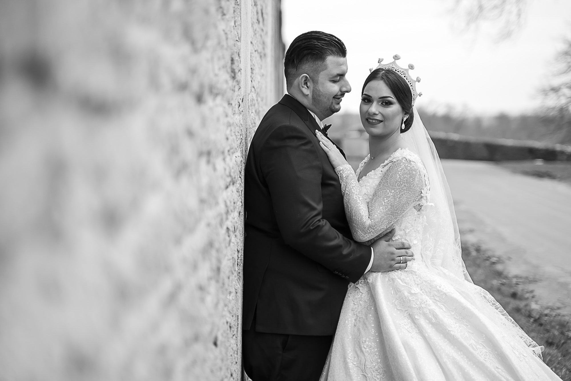 black and white happy wedding couple